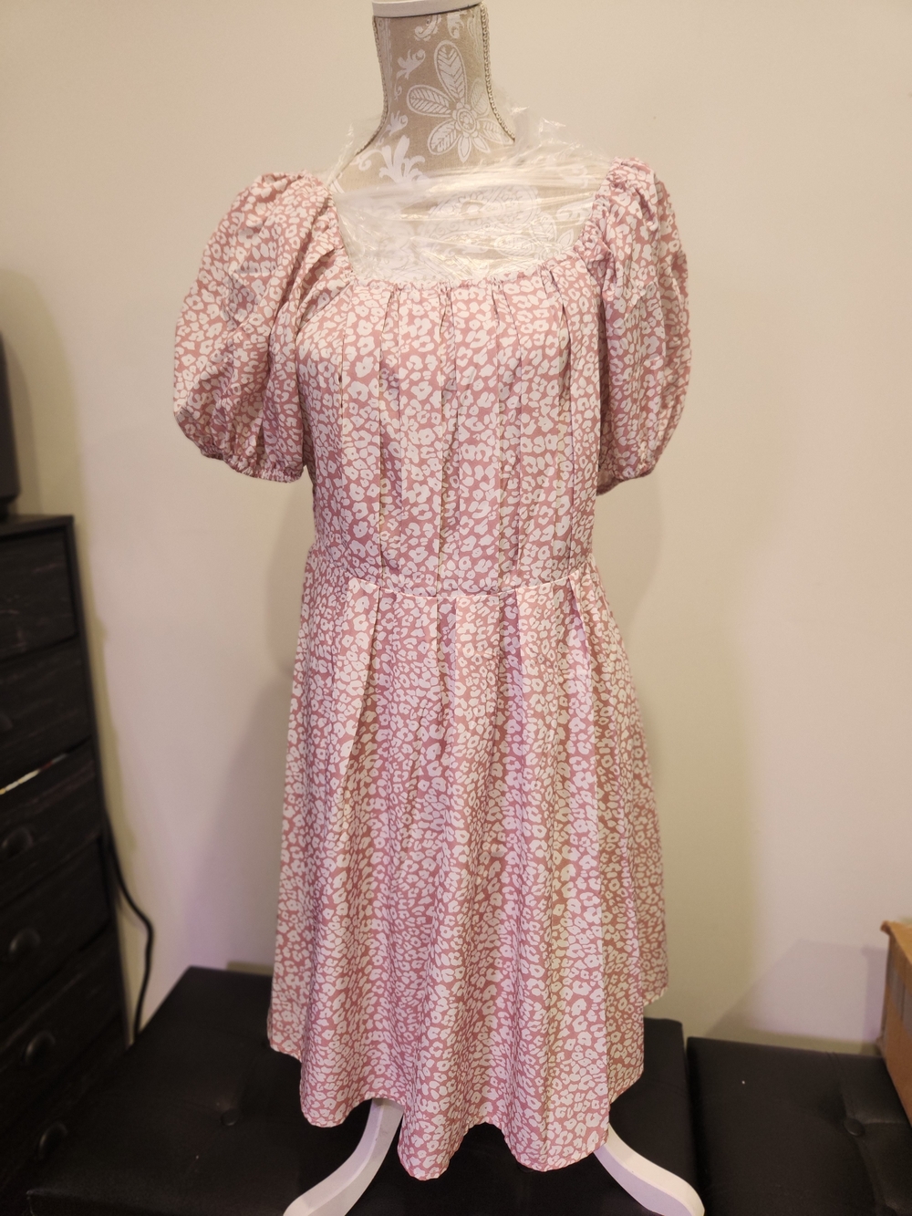 Puff Sleeve Square Neck Pink Floral Midi Dress
